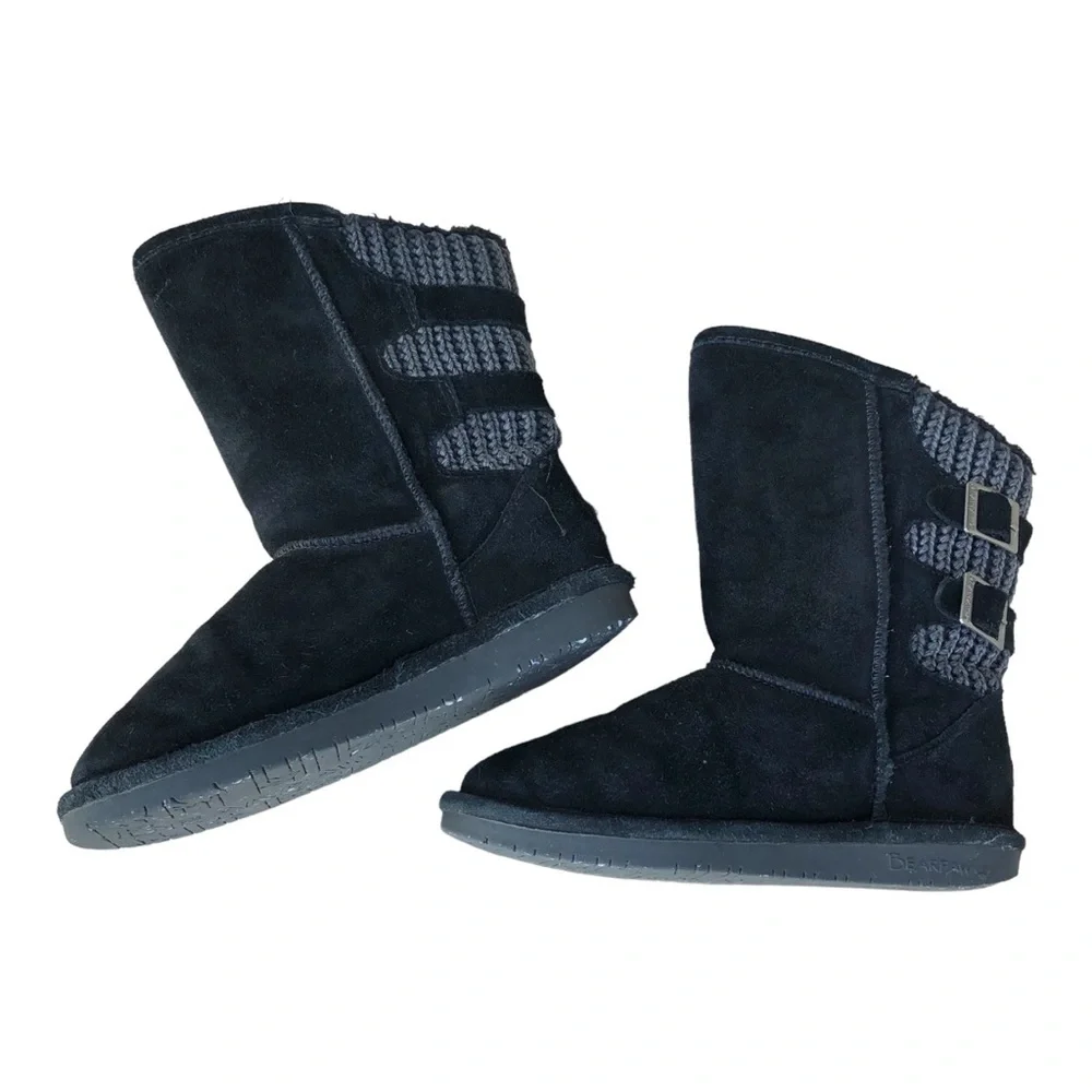 Bear Paw Women's Suede Knit Sheepskin Mid Calf Boots Boshie Size 4  Youth Black.